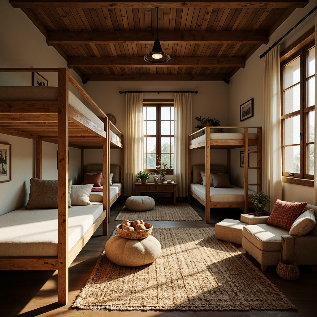 Prompt: Cozy dormitory interior, rustic wooden accents, earthy color palette, natural textiles, woven baskets, plush area rugs, comfortable seating nooks, wooden loft beds, vintage decorative items, soft warm lighting, shallow depth of field, 1/1 composition, intimate atmosphere, regional vernacular architecture, locally-inspired design elements, adaptive reuse of existing structures, sustainable building materials, eco-friendly finishes, minimalist decor, functional furniture pieces, serene ambiance, morning sunlight, subtle shadows.