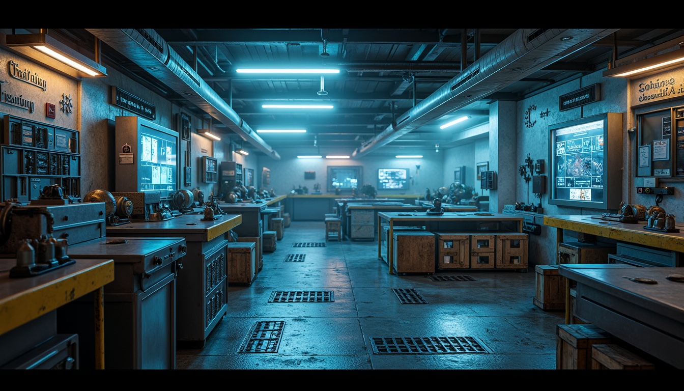 Prompt: Metallic surfaces, neon-lit workshop, futuristic machinery, industrial pipes, rusty metal textures, worn wooden crates, distressed concrete floors, exposed brick walls, sleek metallic tools, holographic displays, LED lighting, cyberpunk-inspired decals, high-tech gadgetry, intricate circuit boards, atmospheric mist, soft blue ambient lighting, shallow depth of field, 3/4 composition, realistic reflections, ambient occlusion.