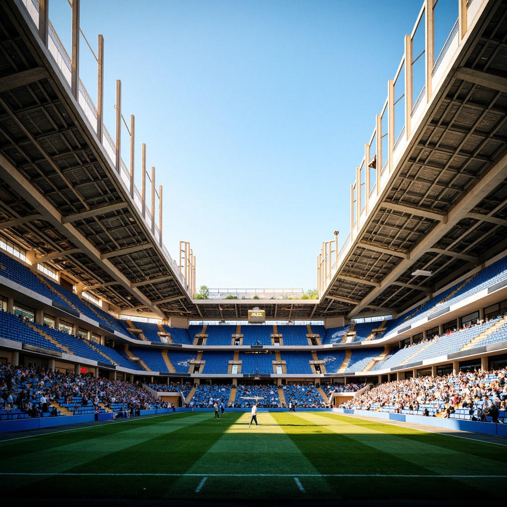 Prompt: Vibrant sports stadium, electric blue seats, bright green grass, bold white lines, warm golden lighting, massive steel structures, sleek modern architecture, dynamic angular shapes, energetic atmosphere, excited cheering crowd, sunny afternoon, soft natural light, shallow depth of field, 3/4 composition, panoramic view, realistic textures, ambient occlusion.