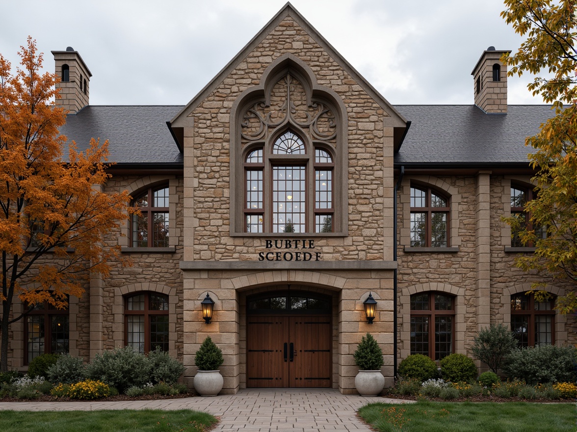 Prompt: Rustic school building, Romanesque style facade, arched windows, thick stone walls, ornate carvings, grand entrance, heavy wooden doors, iron hinges, Gothic-inspired details, vibrant stained glass, rustic brickwork, natural stone textures, warm earthy tones, overcast sky, soft diffused lighting, 1/2 composition, medium shot, realistic rendering, subtle ambient occlusion.