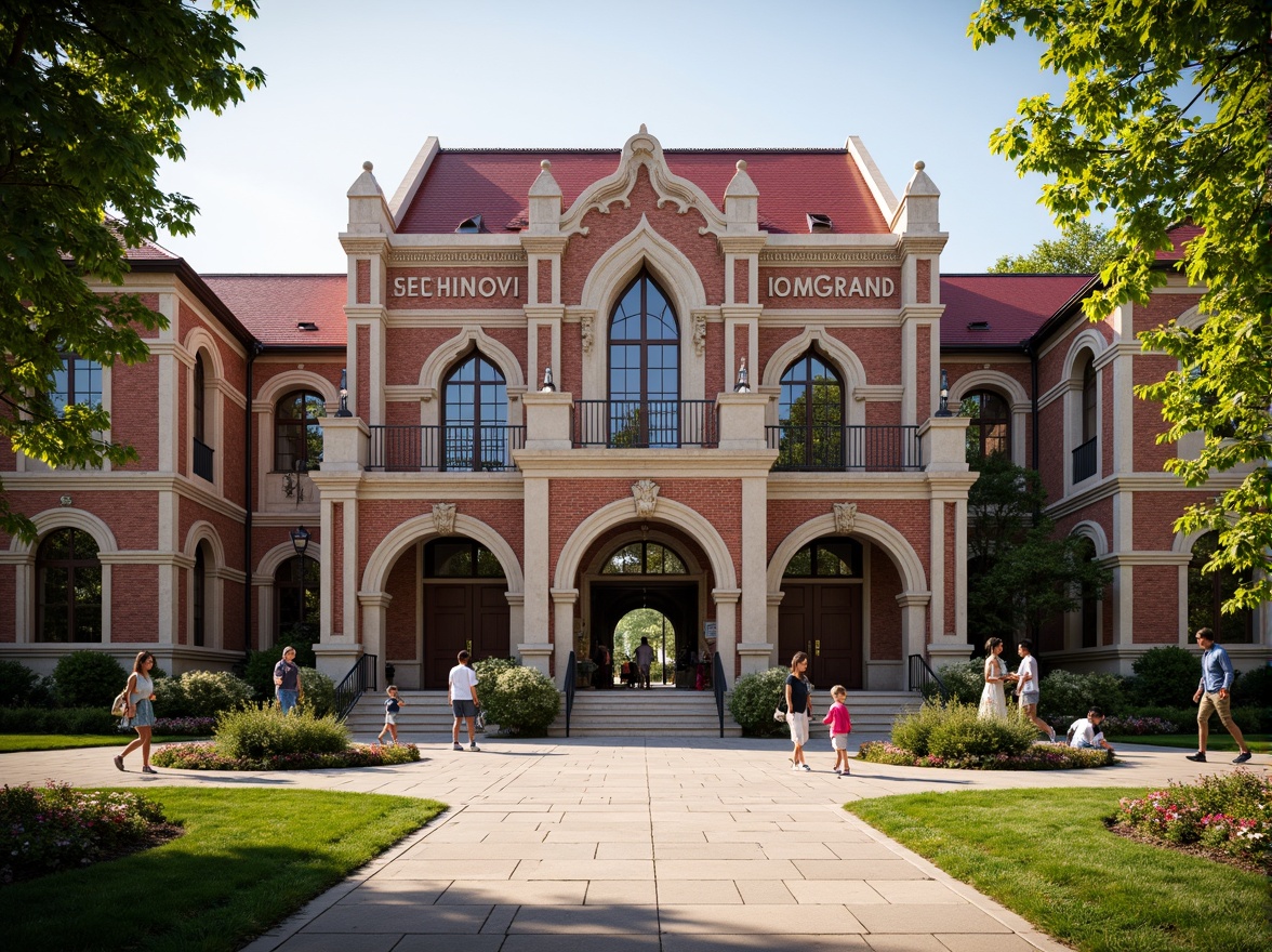 Prompt: Grand school building, Romanesque style, ornate stone carvings, intricate archways, rusticated walls, rounded columns, Gothic-inspired windows, stained glass details, decorative roof tiling, vibrant red brick fa\u00e7ade, lush greenery, blooming flowers, educational signs, natural stone walkways, modern amenities, warm afternoon lighting, soft shadows, shallow depth of field, 3/4 composition, realistic textures, ambient occlusion.