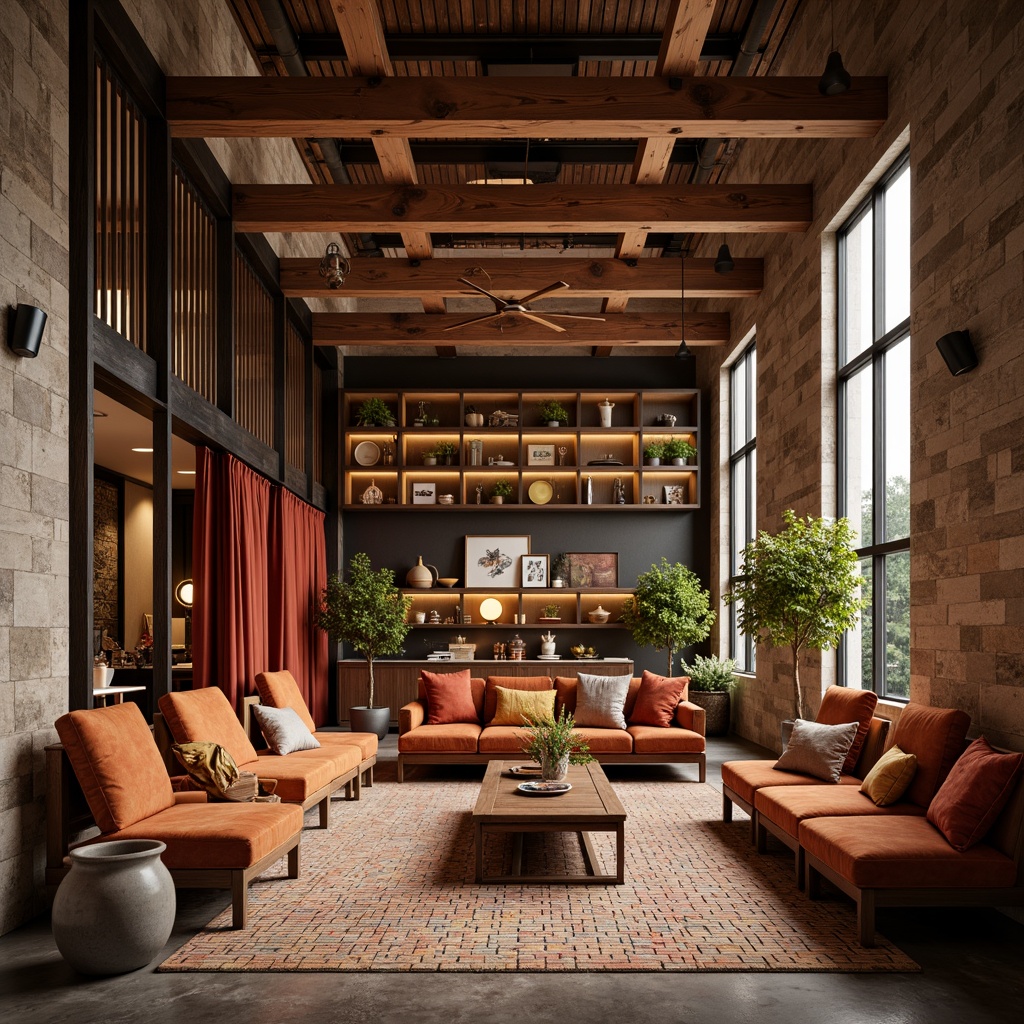 Prompt: Luxurious velvet fabrics, rich wood grain textures, metallic accents, sleek glass surfaces, natural stone walls, earthy terracotta tiles, soft suede upholstery, industrial metal beams, reclaimed wooden planks, vibrant colorful ceramics, intricate mosaic patterns, warm ambient lighting, shallow depth of field, 3/4 composition, realistic reflections, detailed normal maps.