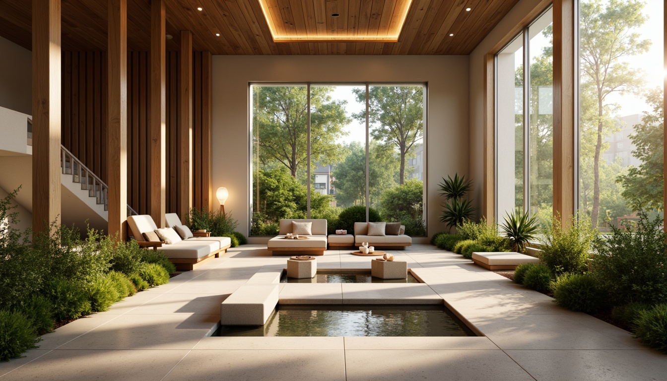 Prompt: Soothing meditation room, calming ambiance, natural wood accents, plush greenery, gentle water features, soft candlelight, warm beige tones, comfortable seating areas, tranquil atmosphere, minimalist decor, large windows, abundant natural light, serene color palette, subtle texture variations, shallow depth of field, 1/1 composition, realistic reflections, ambient occlusion.