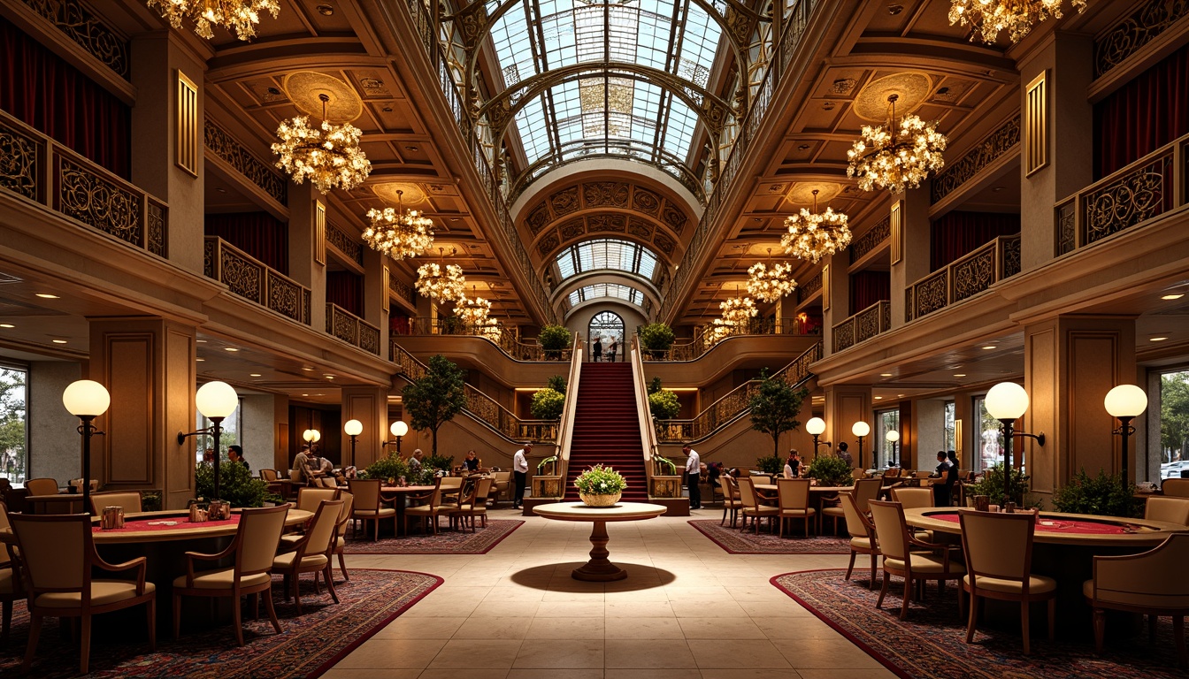 Prompt: Opulent casino interior, intricate Art Nouveau patterns, ornate metalwork, curved lines, flowing organic shapes, lavish chandeliers, stained glass ceilings, rich velvet fabrics, gilded accents, antique furnishings, grand staircases, sweeping archways, dramatic spotlights, warm golden lighting, 1/1 composition, shallow depth of field, realistic textures, ambient occlusion.