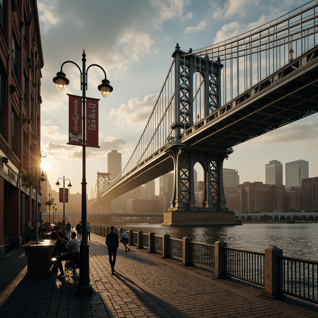 Prompt: Rustic steel arches, ornate stone piers, eclectic mix of materials, vintage lamp posts, intricate ironwork, curved suspension cables, majestic bridge spans, dramatic urban skyline, misty morning atmosphere, warm golden lighting, shallow depth of field, 1/1 composition, realistic metal textures, ambient occlusion.