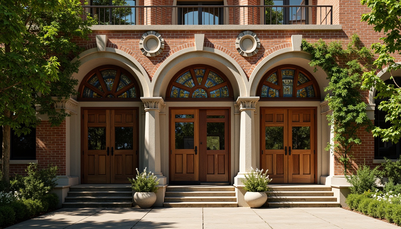 Prompt: Rustic school facade, Romanesque arches, ornate stone carvings, vibrant stained glass windows, heavy wooden doors, intricate brick patterns, lush green ivy, sunny afternoon, warm golden lighting, shallow depth of field, 3/4 composition, symmetrical framing, realistic textures, ambient occlusion, educational signage, historic architectural details, nostalgic atmosphere.