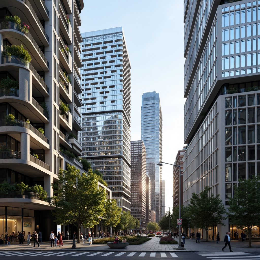 Prompt: Vibrant cityscape, fusion architecture, sleek office buildings, modern glass facades, metallic accents, cantilevered structures, green roofs, vertical gardens, urban parks, pedestrian walkways, bustling streets, morning rush hour, soft natural lighting, shallow depth of field, 1/1 composition, realistic textures, ambient occlusion.