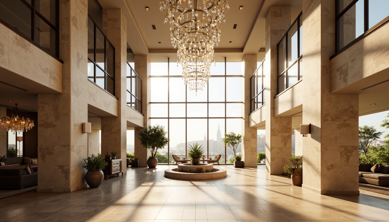 Prompt: Luxurious hotel lobby, high ceilings, floor-to-ceiling windows, crystal chandeliers, marble floors, grand staircase, spacious atrium, natural stone walls, minimalist decor, warm beige tones, soft diffused lighting, 1/1 composition, symmetrical framing, real-time global illumination, ambient occlusion, bloom effects, sunlit corridors, oversized windows, Juliet balconies, panoramic city views, morning sunlight, gentle warm glow.