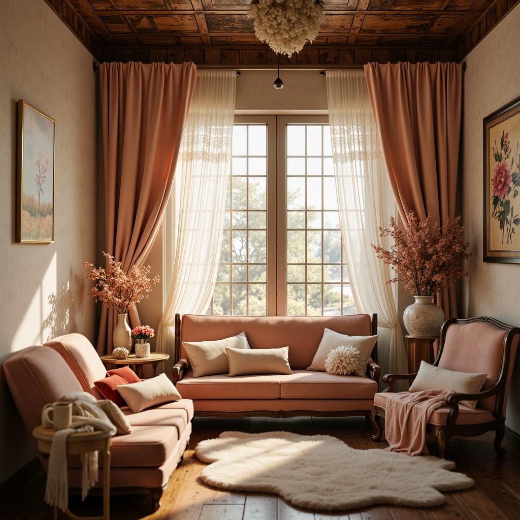 Prompt: Whimsical boudoir, soft candlelight, flowing silk drapes, delicate lace curtains, romantic florals, pastel color palette, ornate metalwork, distressed wood accents, plush velvet fabrics, intimate seating areas, floor-to-ceiling windows, sheer billowy treatments, layered tulle panels, warm golden lighting, shallow depth of field, 1/1 composition, soft focus effect, realistic textures, ambient occlusion.