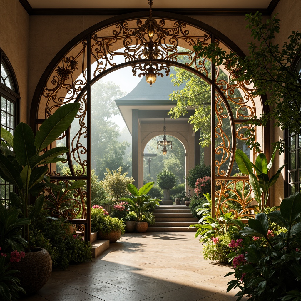 Prompt: Intricate ironwork, flowing curvilinear forms, ornate botanical patterns, lush greenery, exotic flowers, tropical plants, warm natural light, soft misty atmosphere, delicate glass panels, ornamental metal fixtures, sinuous lines, organic shapes, vibrant emerald greens, rich wood accents, elegant Victorian-era details, grandiose entranceways, sweeping arches, whimsical decorative elements, romantic ambiance, shallow depth of field, 1/1 composition, warm golden lighting, realistic textures, ambient occlusion.