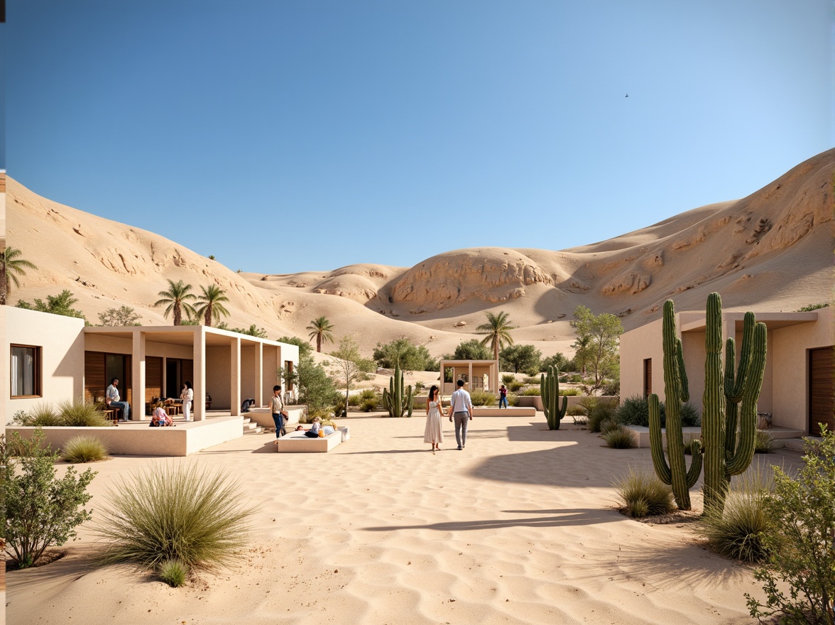 Prompt: Desert oasis, sandy dunes, cactus plants, hot sunny day, clear blue sky, vast open space, modern architecture blending seamlessly, curved lines, organic shapes, earthy tones, natural stone fa\u00e7ades, wooden accents, green roofs, solar panels, wind turbines, water conservation systems, eco-friendly materials, innovative cooling technologies, shaded outdoor spaces, misting systems, Arabic-inspired patterns, vibrant colorful textiles, intricate geometric motifs, subtle color gradations, harmonious balance, 3/4 composition, panoramic view, realistic textures, ambient occlusion.