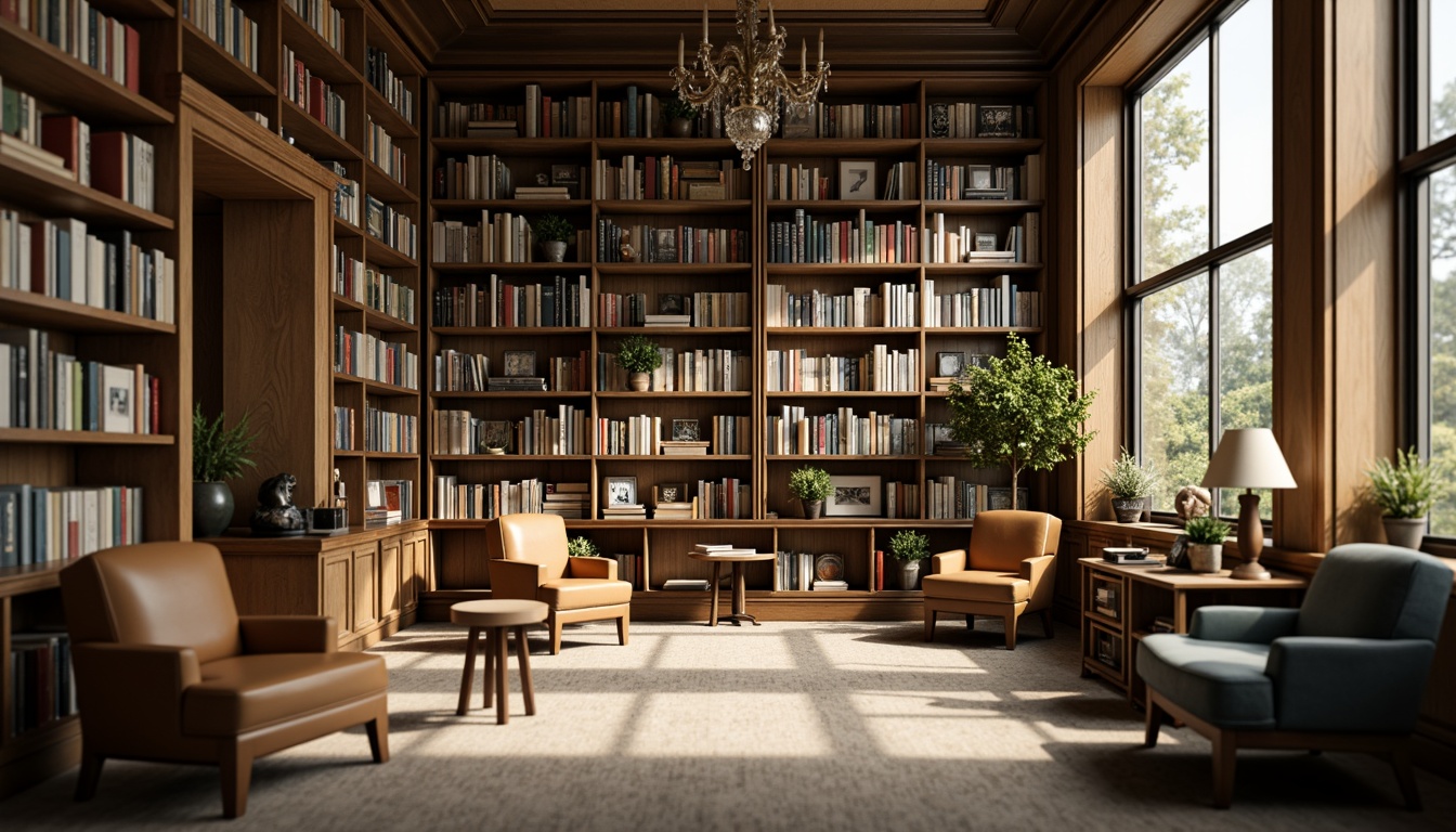 Prompt: Cozy library interior, warm wooden shelves, vintage book collections, comfortable reading nooks, soft carpet flooring, earthy color tones, rich leather armchairs, elegant table lamps, natural light filtering, creamy whites, soothing blues, muted greens, golden yellows, warm beige accents, atmospheric misty lighting, shallow depth of field, 1/2 composition, realistic textures, ambient occlusion.