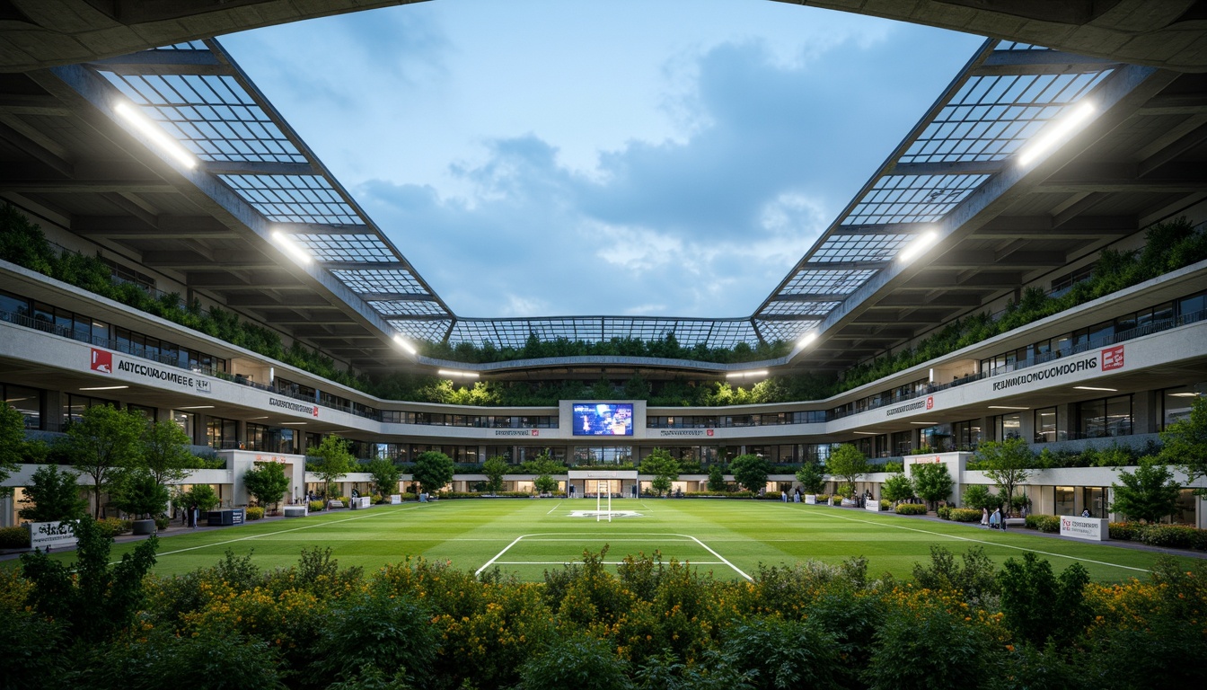 Prompt: Eco-friendly soccer stadium, lush green roofs, solar panels, wind turbines, rainwater harvesting systems, recycled materials, minimalist design, natural ventilation, optimized seating capacity, cantilevered upper tiers, modern angular architecture, transparent glass fa\u00e7ades, LED lighting, atmospheric evening ambiance, shallow depth of field, 3/4 composition, panoramic view, realistic textures, ambient occlusion.