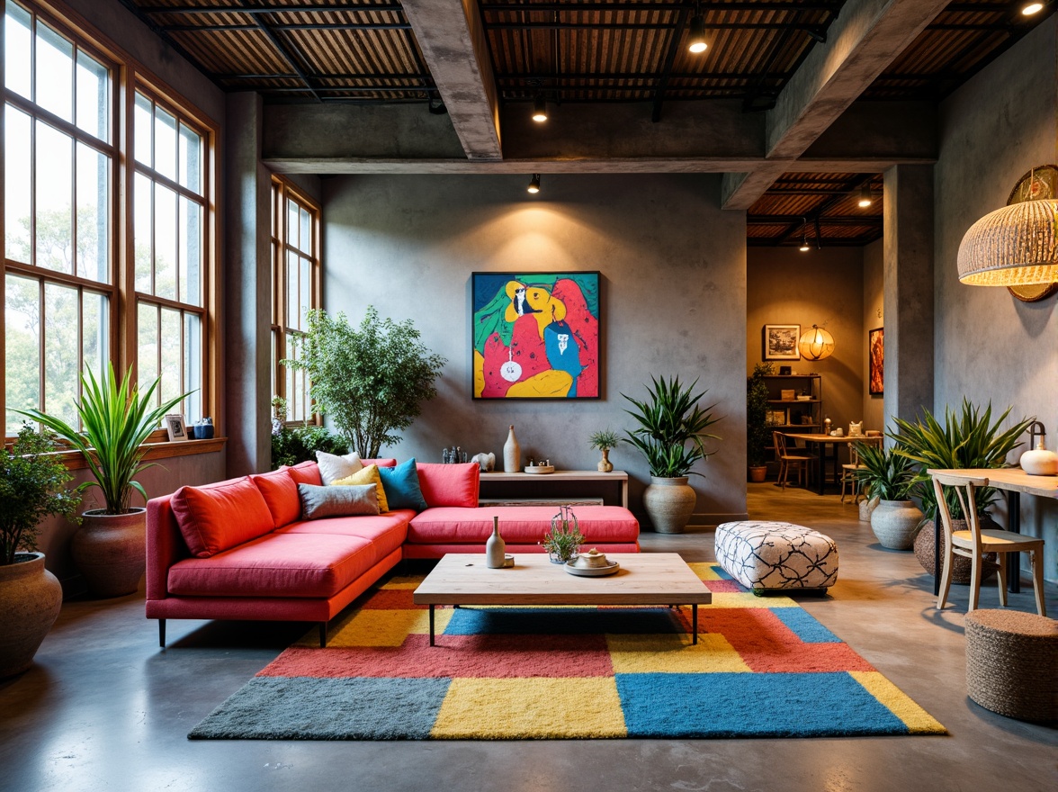 Prompt: Vibrant design studio, modern artistic space, eclectic furniture pieces, bold color accents, abstract artwork, industrial metal beams, polished concrete floors, natural light pouring in, warm cozy atmosphere, softbox lighting, 3/4 composition, shallow depth of field, realistic textures, ambient occlusion.