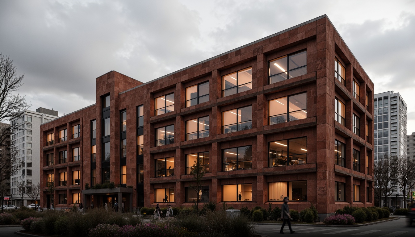 Prompt: Persimmon-hued brutalist building, rugged concrete texture, industrial-style windows, metallic accents, bold geometric shapes, fortress-like structure, urban cityscape, overcast sky, dramatic shadows, high-contrast lighting, abstract composition, cinematic atmosphere, gritty realistic textures, ambient occlusion.