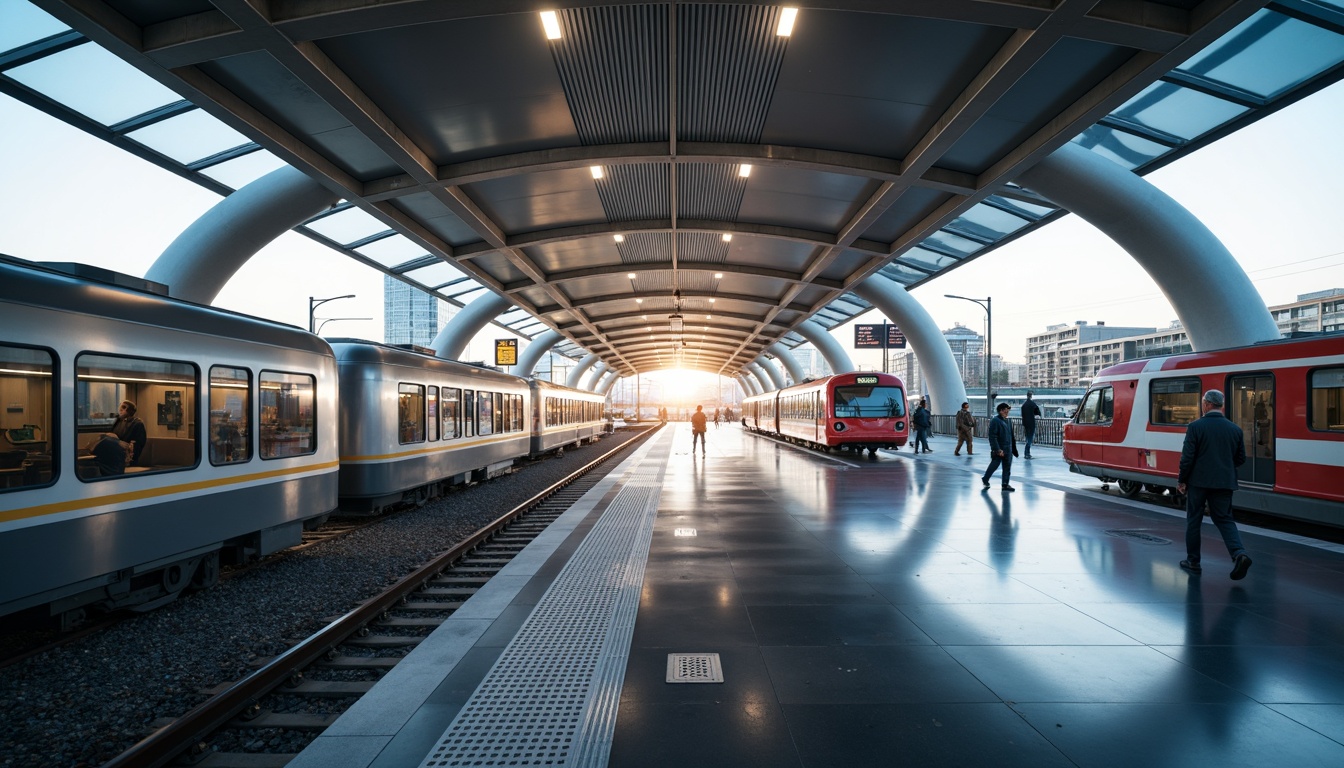 Prompt: Sleek transportation hubs, curved streamline architecture, modern metallic materials, polished chrome accents, futuristic LED lighting, dynamic fluid shapes, aerodynamic lines, high-speed rail networks, bustling urban centers, morning rush hour atmosphere, soft natural light, shallow depth of field, 1/2 composition, panoramic view, realistic reflections, ambient occlusion.