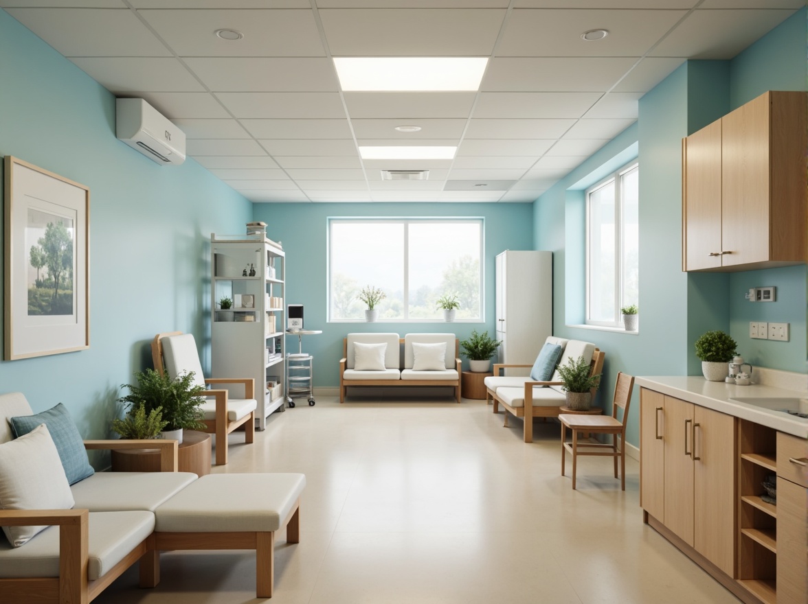 Prompt: \Soothing hospital interior, powder blue accent walls, calming atmosphere, natural wood furniture, stainless steel medical equipment, comfortable patient rooms, soft cushions, gentle lighting, warm beige floors, minimalist decor, serene ambiance, shallow depth of field, 1/1 composition, realistic textures, ambient occlusion.\