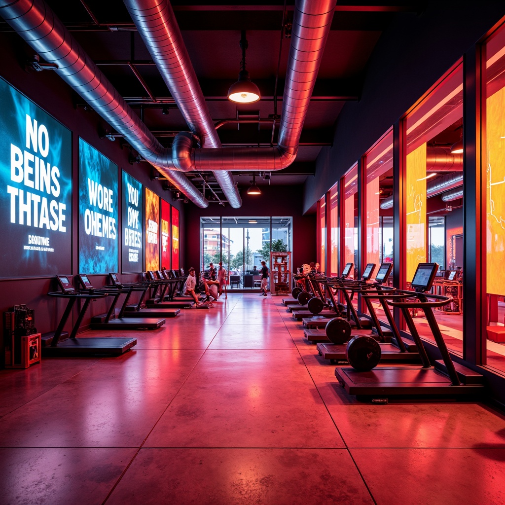 Prompt: Vibrant fitness club interior, bold color scheme, energetic atmosphere, motivational quotes, modern equipment, sleek metal frames, dynamic lighting, high-contrast colors, neon accents, urban loft design, polished concrete floors, industrial chic aesthetic, intense reds, deep blues, bright yellows, athletic wear-inspired textiles, abstract geometric patterns, futuristic accents, LED lighting installations, panoramic mirrors, minimalist composition, 3/4 frame ratio, softbox lighting, realistic reflections.