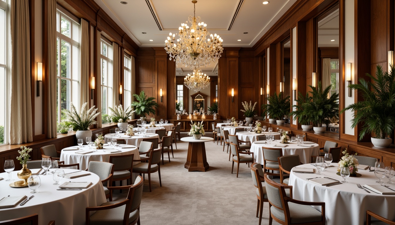 Prompt: Elegant dining hall, luxurious chandeliers, refined wood tones, rich velvet fabrics, sophisticated neutral colors, creamy whites, warm beiges, soft grays, subtle gold accents, ornate mirrors, lavish flower arrangements, crystal glassware, fine china, softbox lighting, 1/1 composition, intimate atmosphere, realistic textures, ambient occlusion.