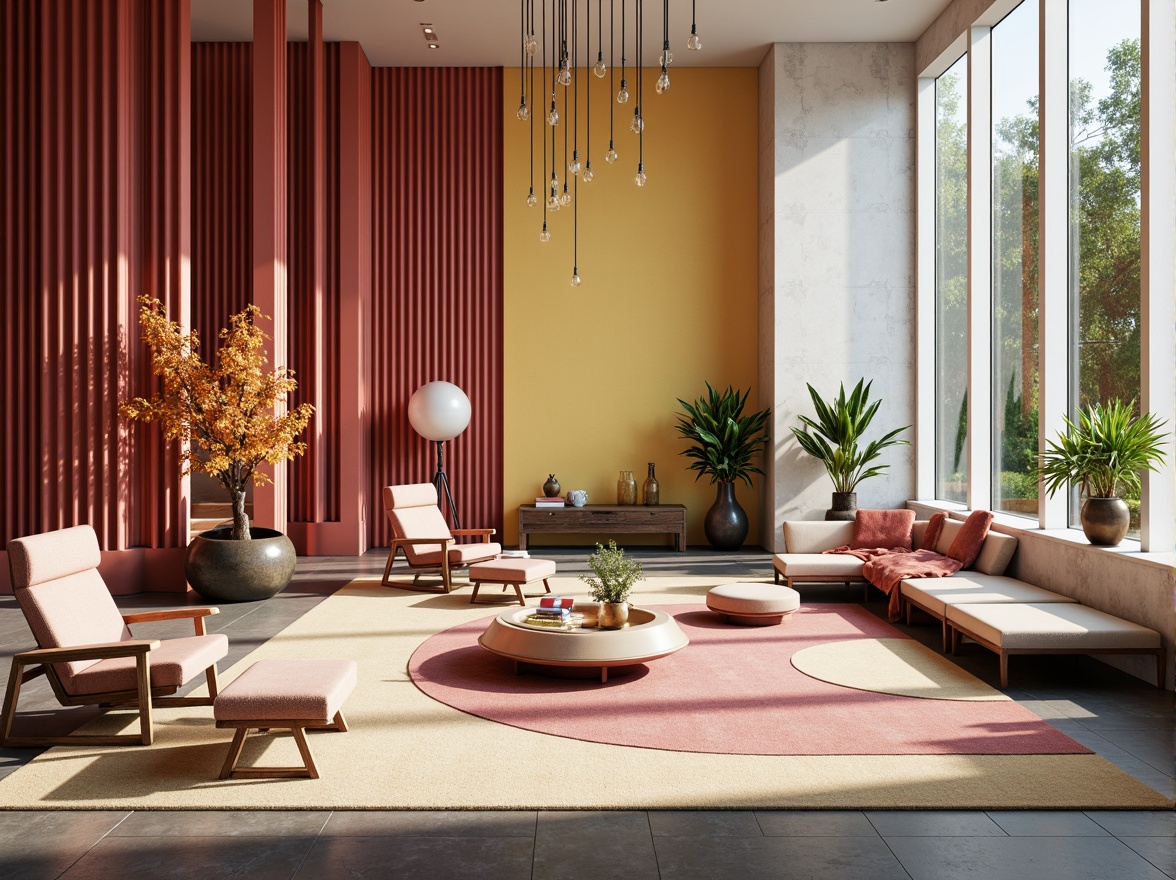 Prompt: Vibrant modern interior, bold contrasting colors, pastel hues, rich textures, metallic accents, sleek minimalist furniture, floor-to-ceiling windows, abundant natural light, warm atmospheric ambiance, soft focus, shallow depth of field, 1/1 composition, realistic renderings, ambient occlusion.