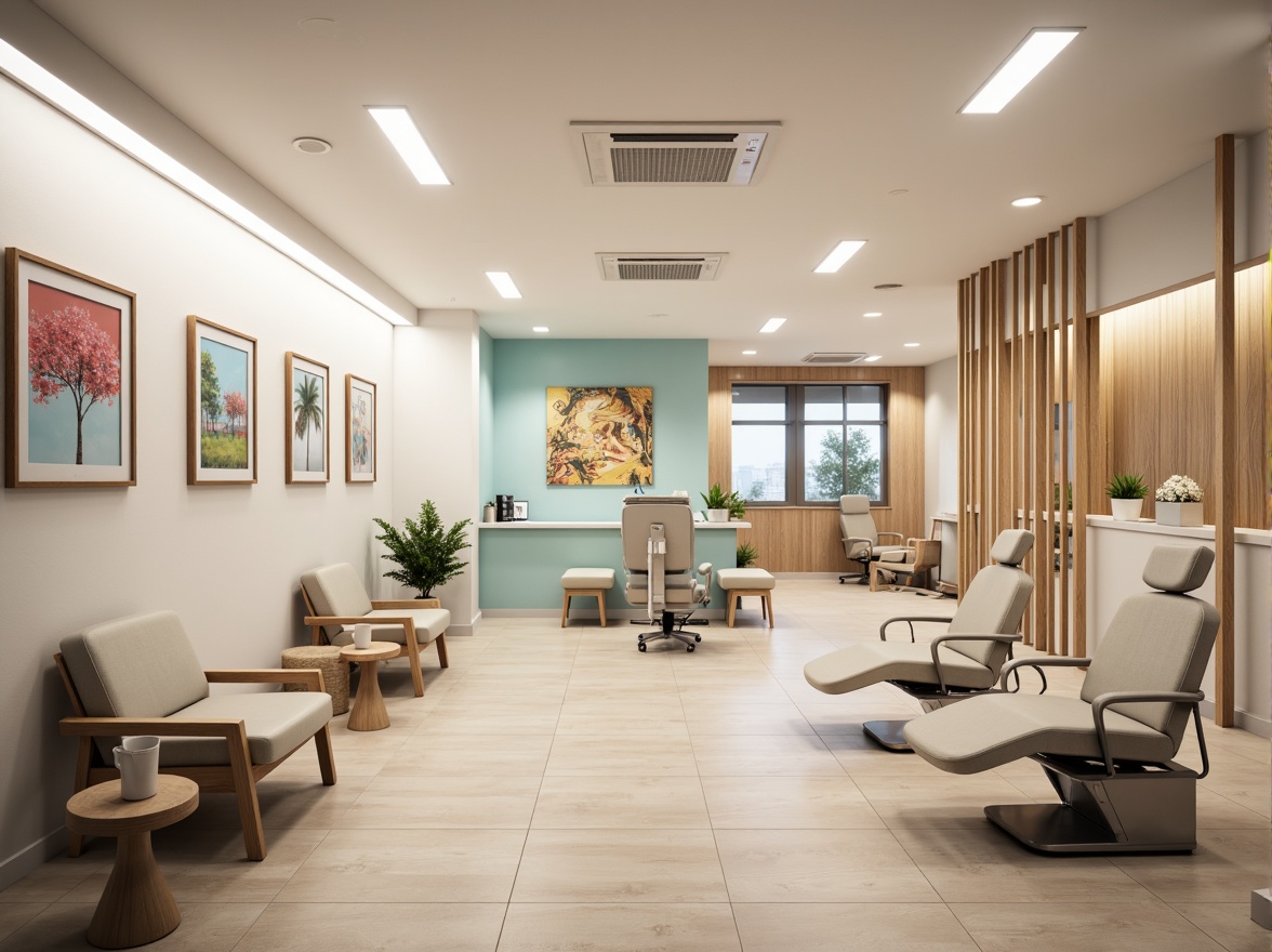 Prompt: Modern dental clinic interior, calming atmosphere, soft pastel colors, comfortable waiting area, sleek reception desk, minimalist decor, natural wood accents, stainless steel equipment, ergonomic dentist chairs, adjustable lighting systems, hygienic flooring, subtle branding elements, soothing background music, gentle air purification systems, efficient workflow layout, ample storage spaces, private consultation rooms, calming artwork, warm LED lighting, shallow depth of field, 1/1 composition, realistic textures.