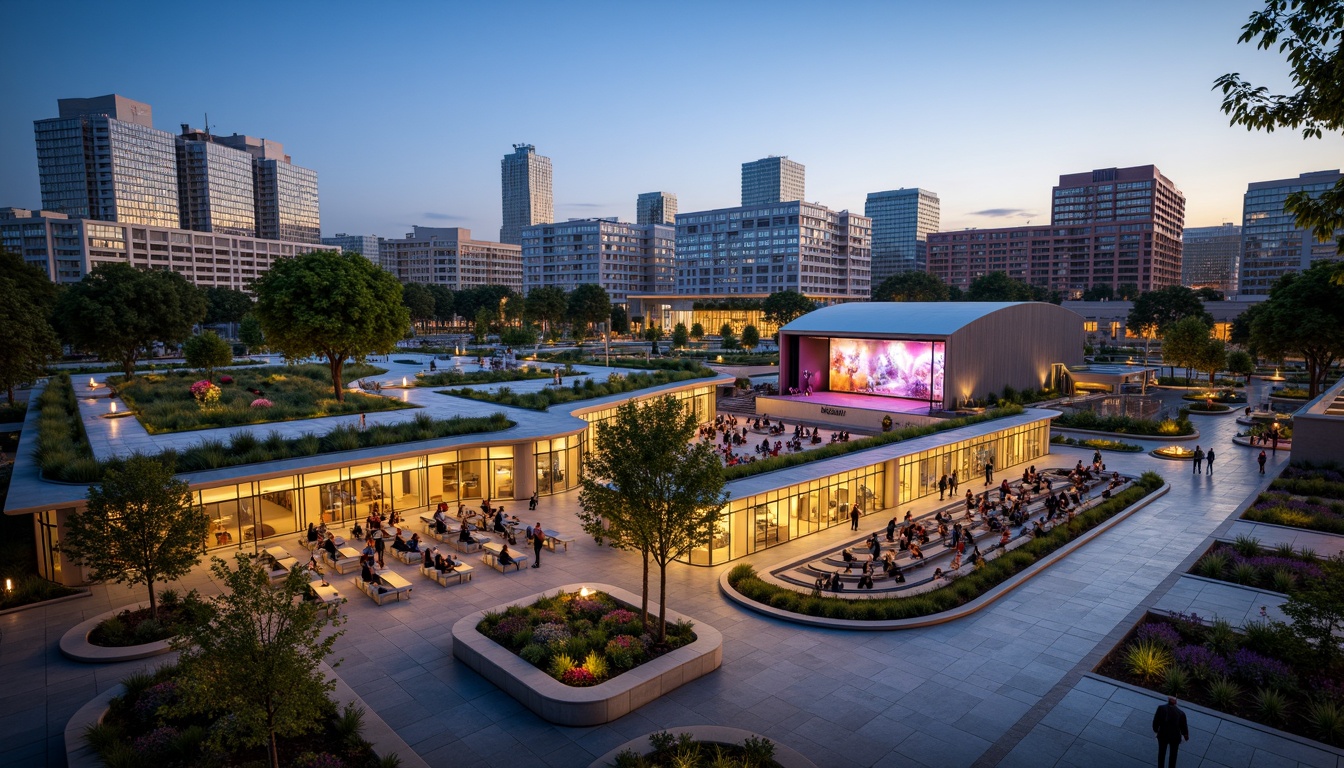 Prompt: \Vibrant performing arts center, lush green roof, sprawling outdoor amphitheater, tiered seating, dramatic stage lighting, grand entrance plaza, water feature installations, pedestrian walkways, urban landscape integration, modern architecture, glazed fa\u00e7ade, cantilevered roofs, transparent glass walls, dynamic LED displays, evening ambiance, soft warm illumination, shallow depth of field, 1/1 composition, realistic textures, ambient occlusion.\