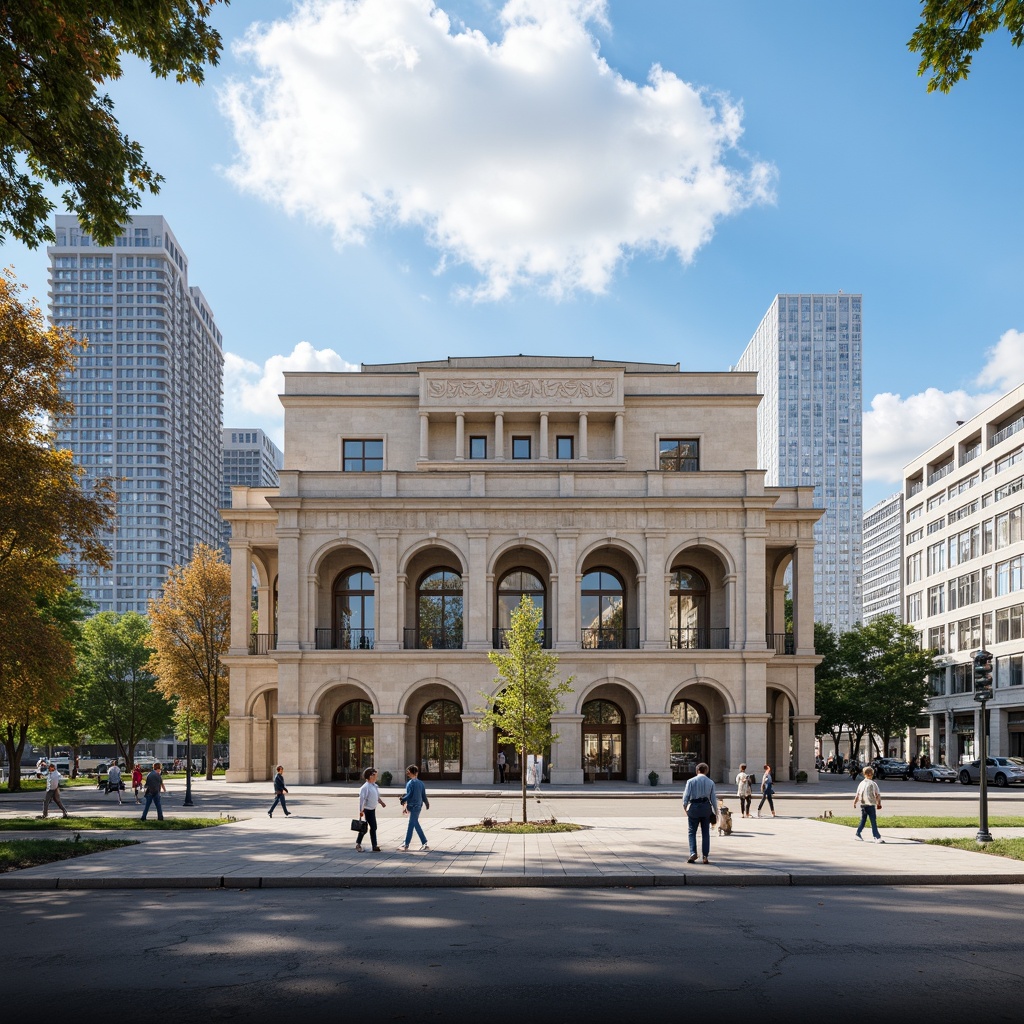 Prompt: Grandiose courthouse building, symmetrical facade, ornate columns, classical arches, monumental entrance, bronze doors, marble flooring, intricate moldings, neutral color palette, subtle texture variations, soft natural lighting, shallow depth of field, 1/1 composition, panoramic view, realistic rendering, ambient occlusion, urban cityscape background, bustling streets, pedestrians in motion, modern skyscrapers nearby, clear blue sky with puffy white clouds.