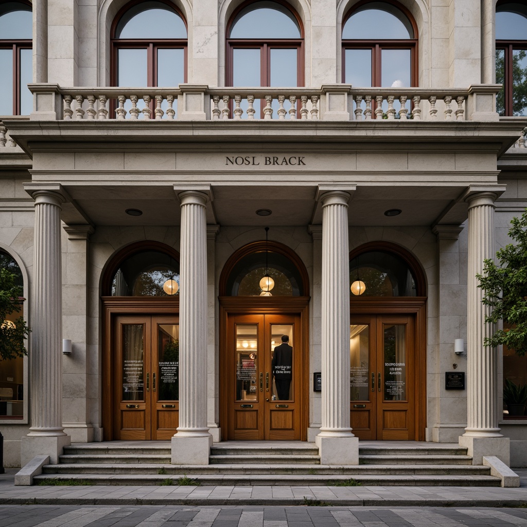 Prompt: Grand neoclassical facade, symmetrical composition, ionic columns, ornate balustrades, carved stone details, arched windows, rusticated base, classic pediments, educational signage, bronze door handles, granite flooring, solemn atmosphere, soft warm lighting, subtle depth of field, 2/3 composition, realistic textures, ambient occlusion.