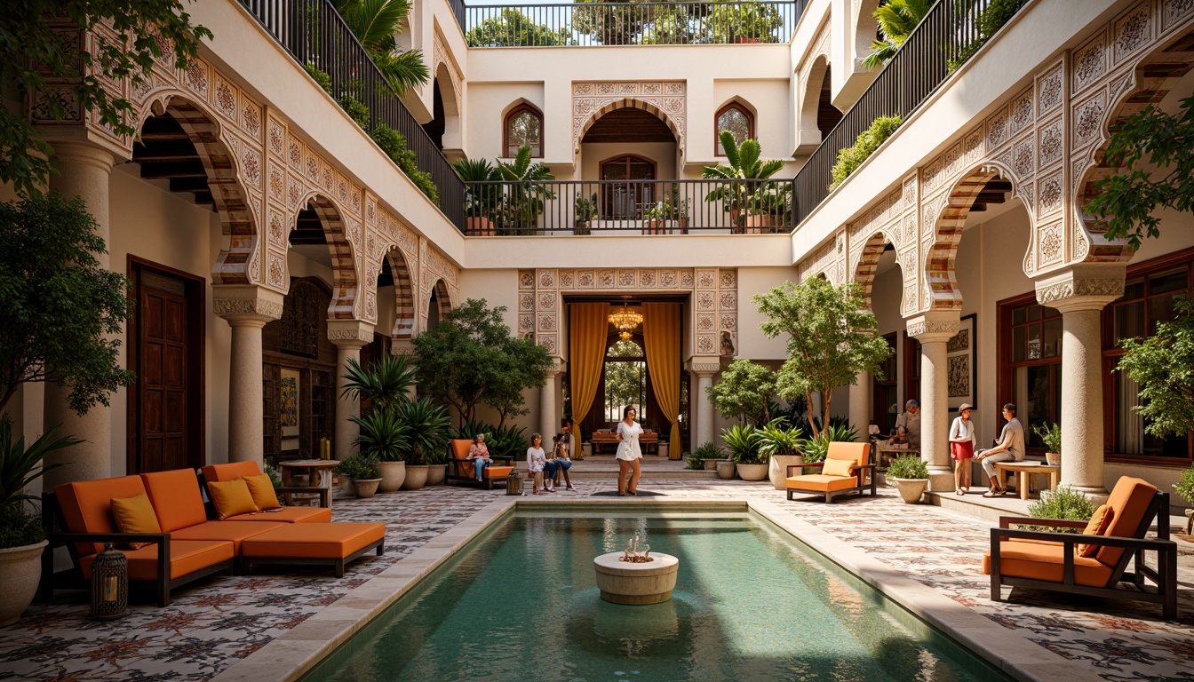 Prompt: Vibrant Moroccan riad, intricate tile work, Islamic geometric motifs, bold colorful accents, ornate archways, lavish furnishings, luxurious textiles, grandiose chandeliers, ornamental fountains, serene courtyard, lush greenery, warm golden lighting, shallow depth of field, 3/4 composition, realistic textures, ambient occlusion.