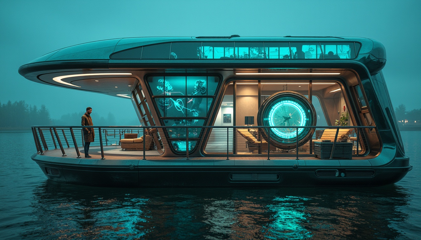 Prompt: Futuristic boathouse, metallic accents, iridescent hues, neon lights, glowing aqua tones, sleek glass surfaces, reflective chrome details, weathered wood textures, nautical ropes, porthole windows, angular lines, minimalist decor, ambient LED lighting, misty morning atmosphere, shallow water reflections, 1/1 composition, realistic renderings, high-contrast colors, vibrant turquoise accents.