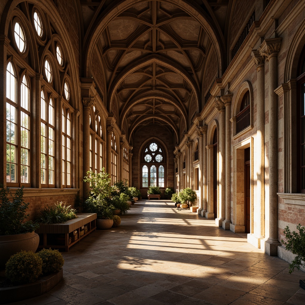 Prompt: Rustic stone walls, ornate carvings, grand arched windows, stained glass details, intricate column capitals, weathered brick facades, medieval-inspired architecture, warm golden lighting, soft misty atmosphere, shallow depth of field, 1/2 composition, symmetrical framing, rich textures, ambient occlusion.