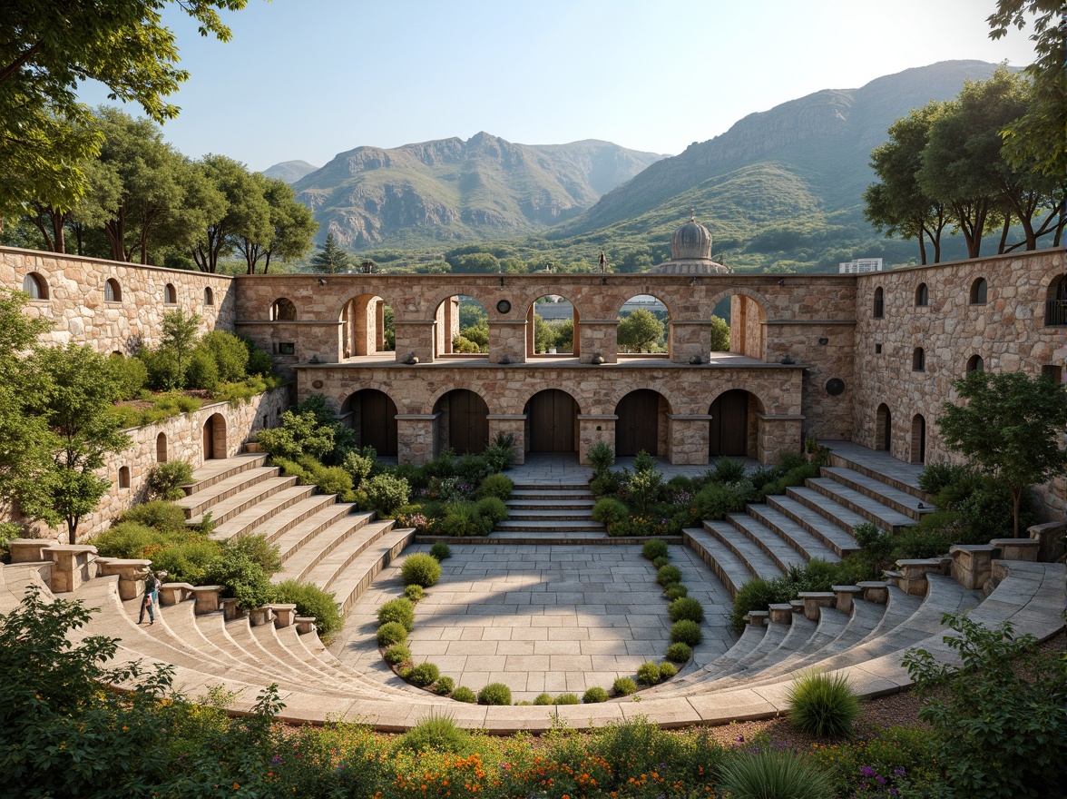 Prompt: Ancient Romanesque amphitheater, rustic stone walls, arched entrances, grandiose columns, lush greenery, vibrant flowers, natural rock formations, rolling hills, serene countryside, warm sunny day, soft diffused lighting, shallow depth of field, 3/4 composition, panoramic view, realistic textures, ambient occlusion, integrated seating areas, accessible walkways, harmonious landscape fusion, ecological balance, sustainable design solutions.