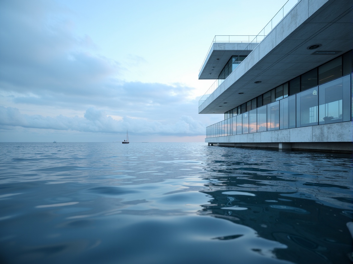 Prompt: Calming ocean waves, soothing blue tones, gentle sea breeze, serene coastal scenery, modern minimalist architecture, sleek glass facades, cool reflective surfaces, angular lines, geometric patterns, subtle texture overlays, soft warm lighting, shallow depth of field, 3/4 composition, panoramic view, realistic renderings, ambient occlusion.