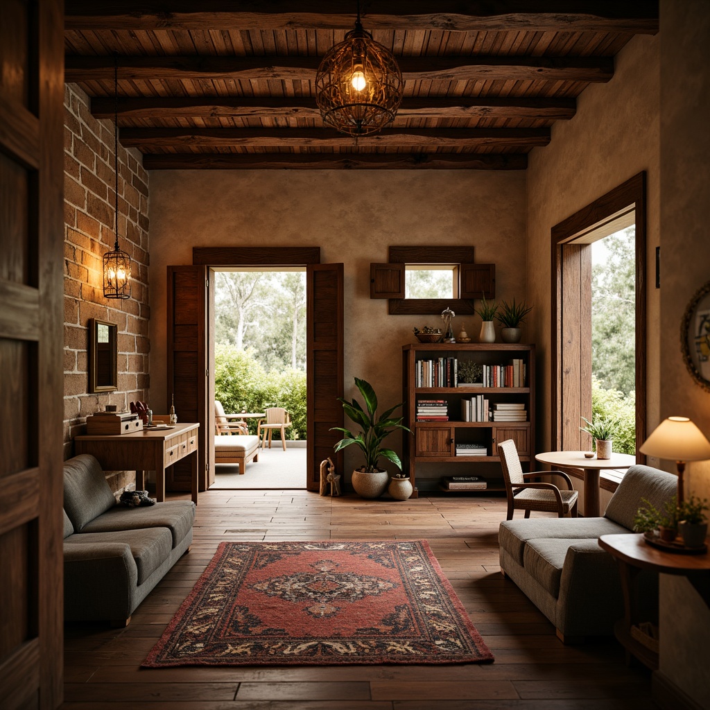 Prompt: Cozy dorm rooms, local natural materials, wooden accents, earthy tones, traditional vernacular architecture, rustic stone walls, clay tile roofs, wooden shutters, ornate metalwork, woven textiles, ethnic patterns, warm soft lighting, shallow depth of field, 1/2 composition, intimate atmosphere, realistic wood grain, ambient occlusion.