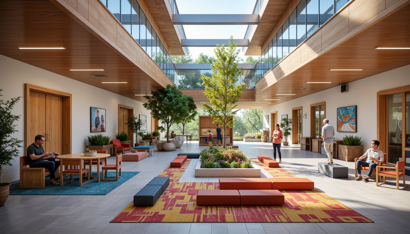 Prompt: Vibrant community hub, open floor plan, natural light-filled atrium, wooden accents, comfortable seating areas, colorful textiles, geometric patterned rugs, modern minimalist furniture, sleek metal fixtures, warm LED lighting, cozy reading nooks, interactive digital displays, collaborative workspaces, flexible modular design, acoustic paneling, sustainable materials, eco-friendly finishes, accessible ramps, wheelchair-friendly facilities, diverse artwork, cultural exhibits, lively community events, soft background music, inviting aroma, shallow depth of field, 1/2 composition, realistic textures.