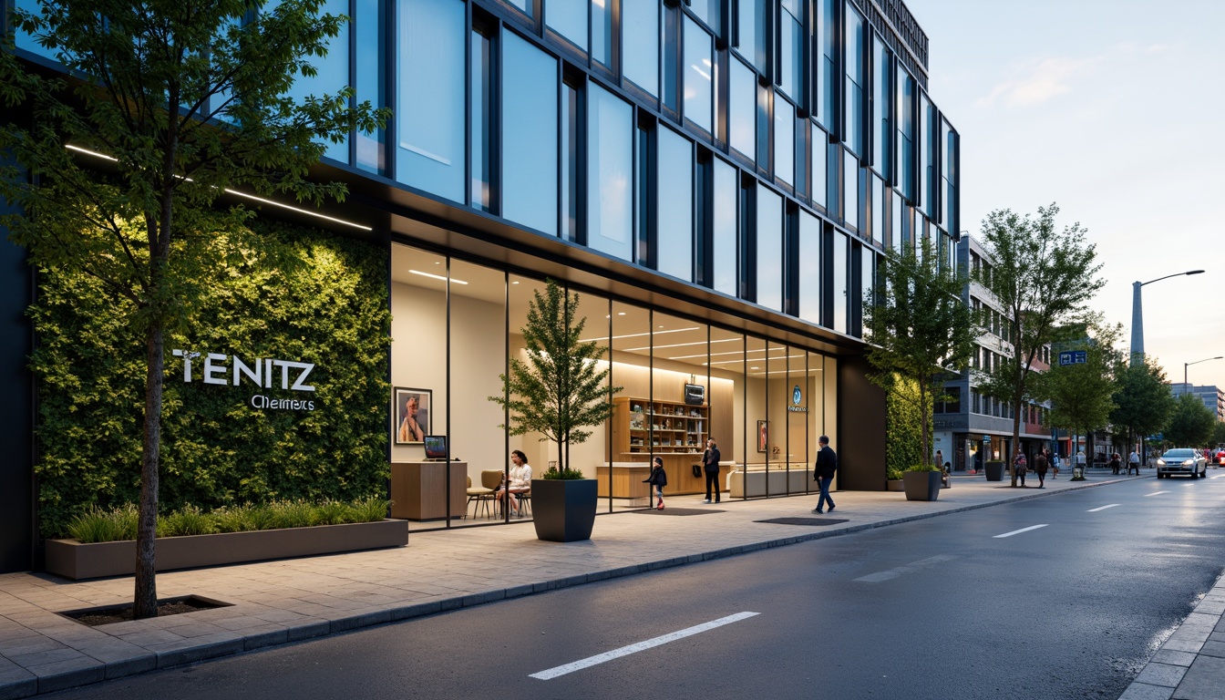 Prompt: Modern dental clinic facade, sleek glass surfaces, minimalist metal frames, vibrant LED lighting, calming green walls, natural stone accents, geometric patterns, futuristic architecture, urban cityscape, busy street scene, morning sunlight, shallow depth of field, 1/1 composition, realistic textures, ambient occlusion.