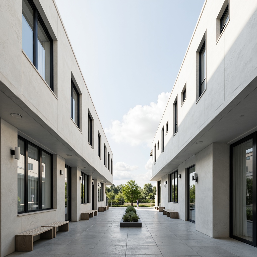 Prompt: Simple student halls, minimalist architecture, clean lines, flat roofs, white stucco exterior, large windows, sliding glass doors, neutral color palette, industrial materials, exposed ductwork, polished concrete floors, sleek metal handrails, modern signage, subtle LED lighting, open communal spaces, built-in benches, green roof systems, solar panels, rainwater harvesting systems, natural ventilation, shallow depth of field, 1/1 composition, softbox lighting.