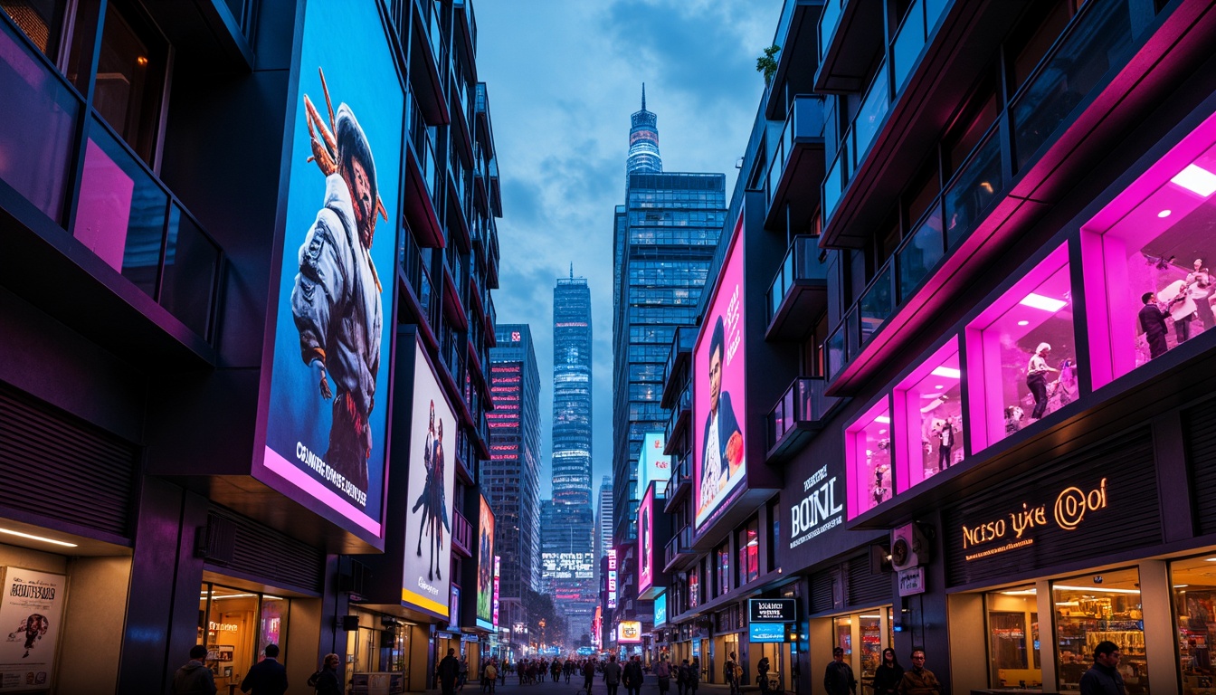 Prompt: Neon-lit cityscape, dark alleys, metallic skyscrapers, holographic advertisements, cyberpunk atmosphere, LED lights, neon signs, glossy reflective surfaces, futuristic high-tech architecture, sleek lines, minimalist design, digital screens, circuit boards, robotic elements, industrial materials, steel beams, glass towers, vibrant electric blue, hot pink accents, deep purples, iridescent whites, glowing oranges, high-contrast lighting, 3/4 composition, low-angle shot, shallow depth of field.