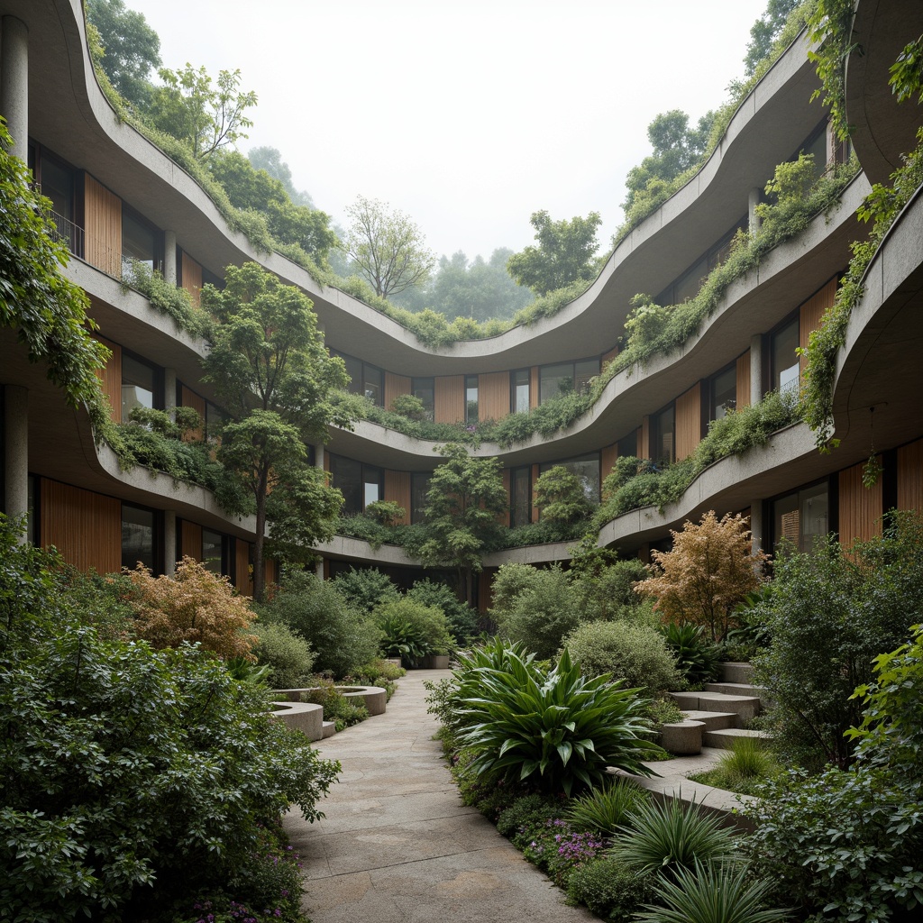 Prompt: Seamless blend of building and nature, organic curves, lush green roofs, native plant species, meandering walkways, natural stone walls, wooden accents, earthy color palette, soft diffused lighting, misty atmosphere, shallow depth of field, 1/2 composition, intimate scale, serene ambiance, eco-friendly materials, sustainable design principles, minimal visual impact, harmonious coexistence.