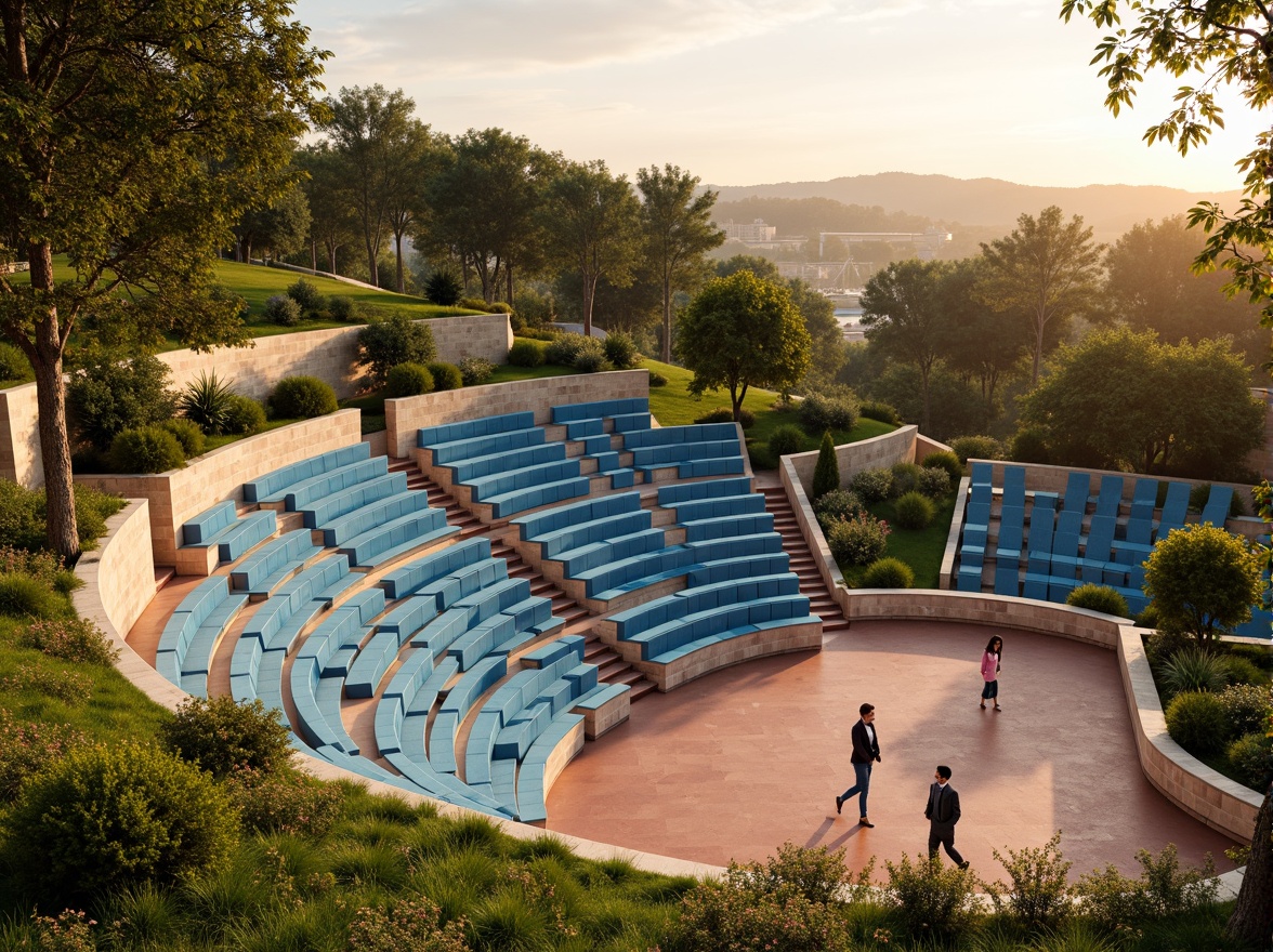 Prompt: Vibrant outdoor amphitheater, gradient blue seats, warm beige stone walls, lush green grassy slopes, natural wood accents, earthy terracotta flooring, soft golden lighting, sunset-inspired color palette, gentle misting system, panoramic views, 3/4 composition, realistic textures, ambient occlusion.