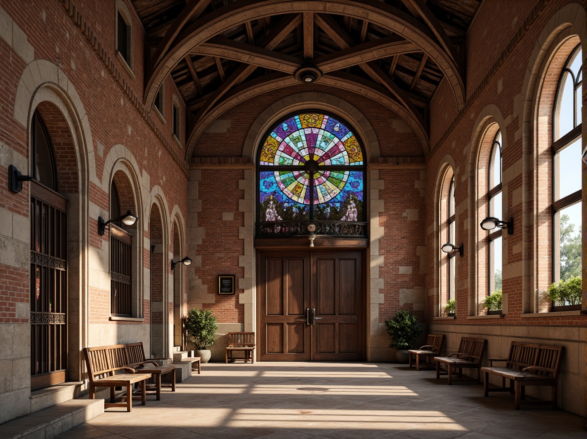 Prompt: Rustic school building, Romanesque arches, ornate carvings, intricate stone patterns, grand entrance, heavy wooden doors, ornamental metalwork, vibrant stained glass windows, richly textured brick walls, dramatic vaulted ceilings, warm earthy color palette, soft natural lighting, subtle shadows, 1/1 composition, detailed textures, ambient occlusion.