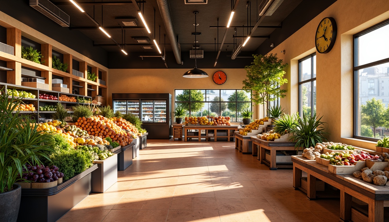 Prompt: Vibrant grocery store interior, warm beige walls, rich wood accents, fresh green produce stands, colorful fruit displays, modern metal shelving, sleek glass refrigerators, earthy terracotta flooring, natural stone countertops, rustic wooden crates, lively orange and yellow signage, soft warm lighting, shallow depth of field, 1/1 composition, realistic textures, ambient occlusion.