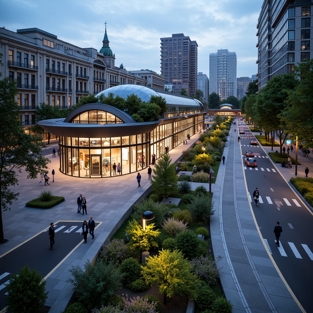 Prompt: Modern train station, sleek metallic curves, futuristic architecture, integrated landscape design, lush greenery, natural stone walls, glass roofs, urban cityscape, busy streets, vibrant streetlights, pedestrian walkways, bicycle lanes, public art installations, dynamic LED lighting, shallow depth of field, 1/2 composition, realistic textures, ambient occlusion.