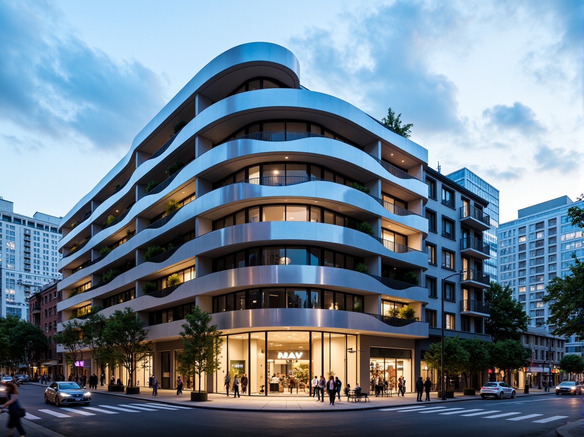 Prompt: Curved building facade, metallic materials, polished chrome accents, horizontal lines, rounded corners, minimalist ornamentation, large glass windows, sliding doors, cantilevered balconies, urban cityscape, busy streets, modern skyscrapers, cloudy blue sky, soft natural light, shallow depth of field, 2/3 composition, symmetrical framing, high-contrast lighting, detailed textures, ambient occlusion.