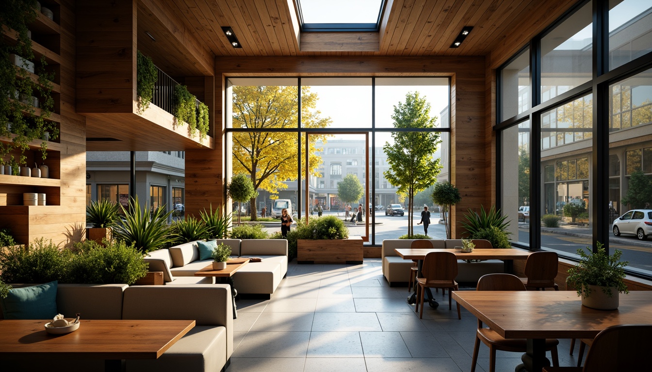 Prompt: Cozy coffee shop interior, warm wooden accents, large windows, glass doors, natural stone floors, minimalist decor, greenery walls, lush plants, skylights, clerestory windows, soft warm lighting, shallow depth of field, 3/4 composition, panoramic view, realistic textures, ambient occlusion, urban cityscape views, bustling street scenes, morning sunlight, afternoon warmth, comfortable seating areas, rustic wooden tables, industrial metal chairs.