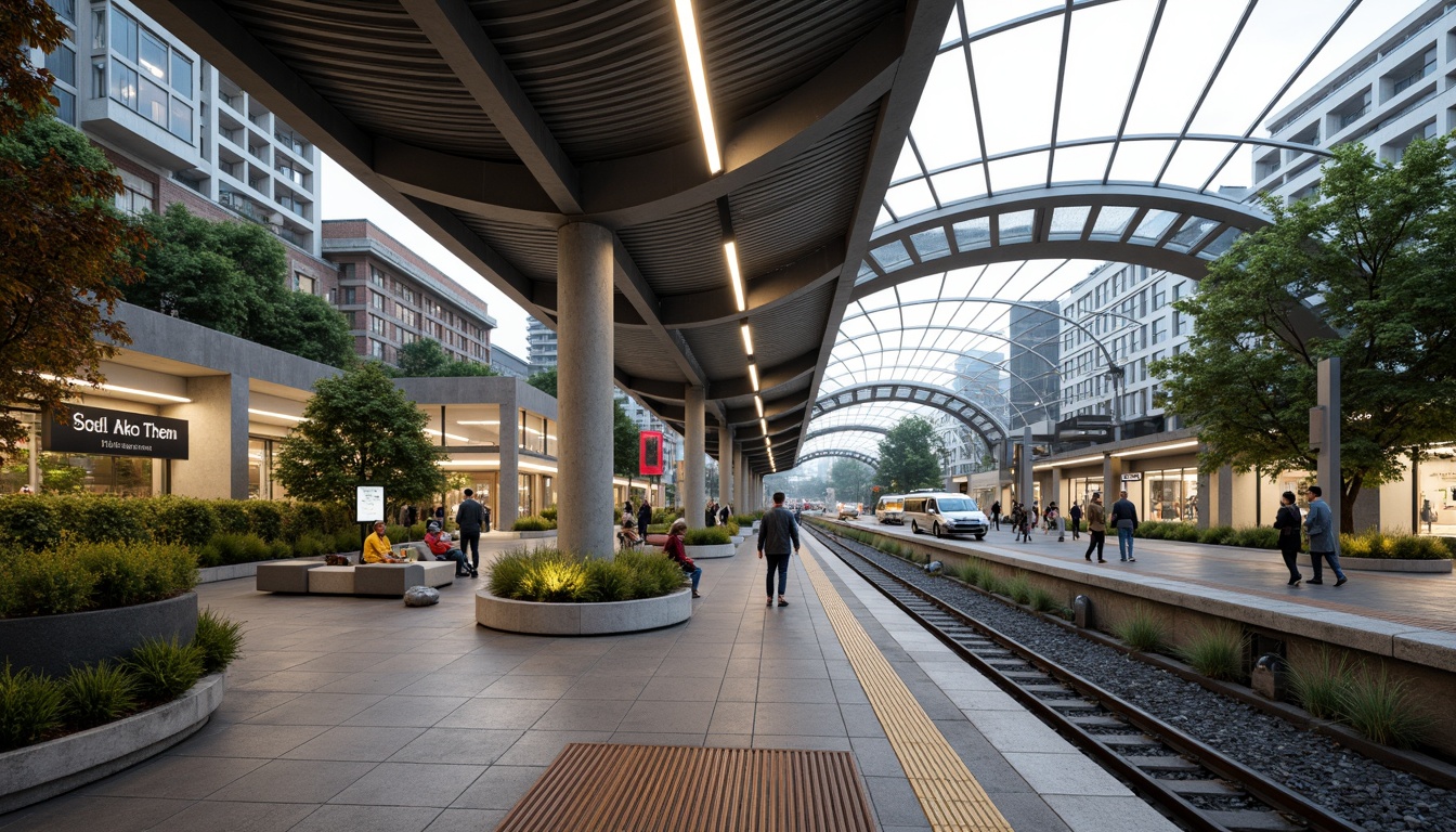 Prompt: Curved modern train station, sleek metal fa\u00e7ade, large glass roofs, cantilevered canopies, green walls, native plant species, natural stone flooring, wooden accents, minimalistic design, efficient signage systems, futuristic LED lighting, shallow depth of field, 1/2 composition, panoramic view, realistic reflections, ambient occlusion, surrounding urban landscape, busy city streets, rush hour atmosphere, soft warm morning light, misty foggy weather.