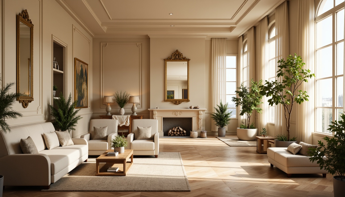 Prompt: Harmonious interior space, warm beige walls, rich wood flooring, elegant furniture, ornate mirrors, lush green plants, soft natural lighting, creamy white curtains, minimal decor, subtle texture variations, 1/1 composition, shallow depth of field, realistic rendering, ambient occlusion.Please let me know if you need any adjustments!