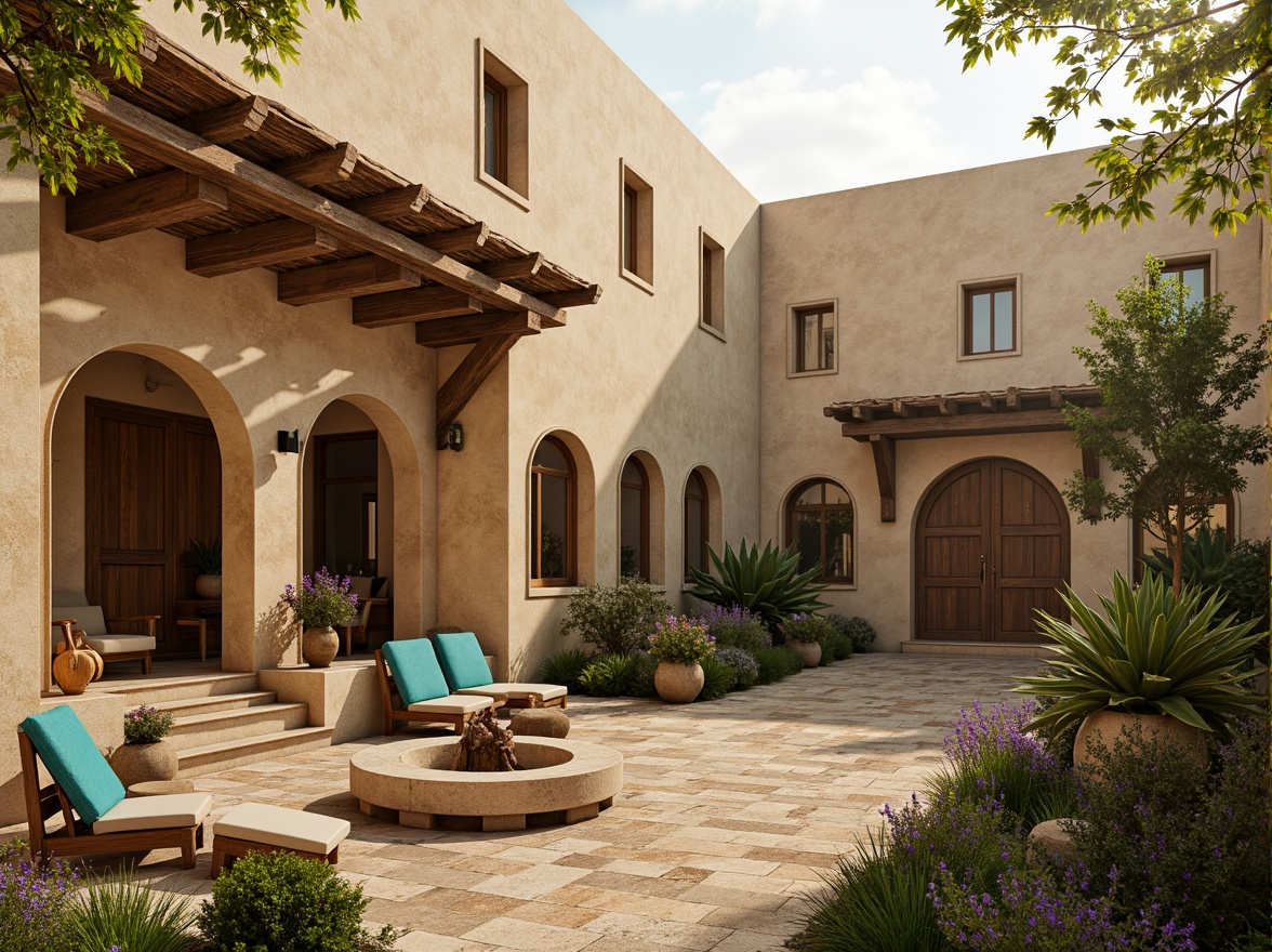 Prompt: Warm beige stone walls, rustic terracotta roofs, ornate carvings, grand archways, vibrant turquoise accents, earthy brown wooden doors, soft golden lighting, misty morning atmosphere, shallow depth of field, 1/2 composition, realistic textures, ambient occlusion, natural stone pathways, lush greenery, blooming flowers, serene courtyard, peaceful ambiance.