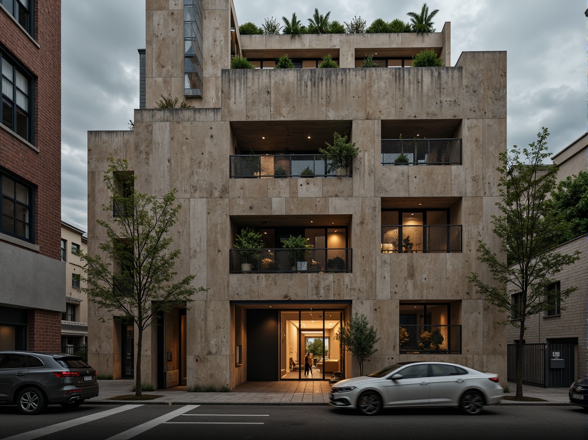 Prompt: Concrete brutalist building, rugged stone fa\u00e7ade, exposed ductwork, industrial metal beams, raw concrete walls, urban cityscape, overcast sky, dramatic shadows, moody atmospheric lighting, warm beige tones, deep charcoal grays, earthy brown hues, muted green accents, weathered steel textures, rough-hewn wood elements, bold geometric patterns, minimalist composition, low-angle shot, cinematic depth of field, high-contrast ratio.