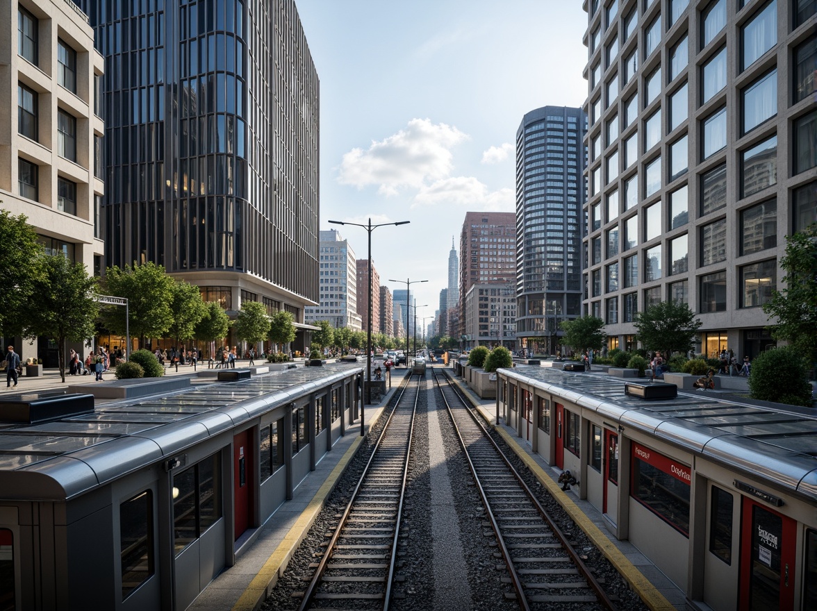 Prompt: Sleek train station, curved lines, metallic materials, glass roofs, minimalist architecture, modernist style, urban landscape, bustling city, morning commute, natural light, shallow depth of field, 1/1 composition, symmetrical balance, retro-futuristic vibes, Art Deco influences, geometric patterns, chrome accents, LED lighting, neon signs, dynamic urban atmosphere, busy pedestrian traffic, rush hour scenes.